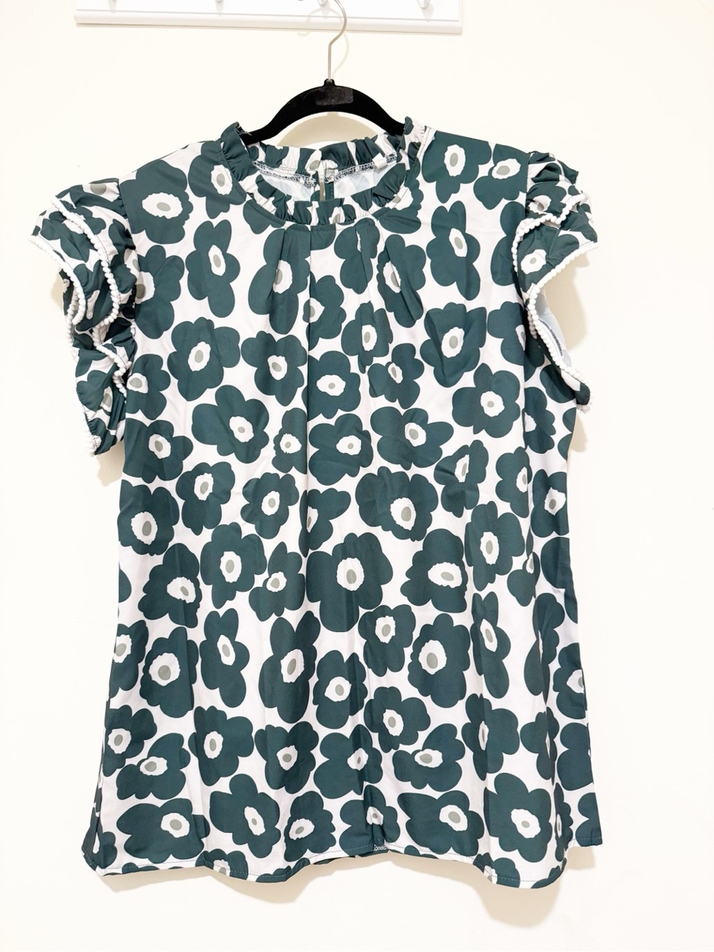 SHEIN White Top with Dark Green Floral Print and Ruffle Sleeves